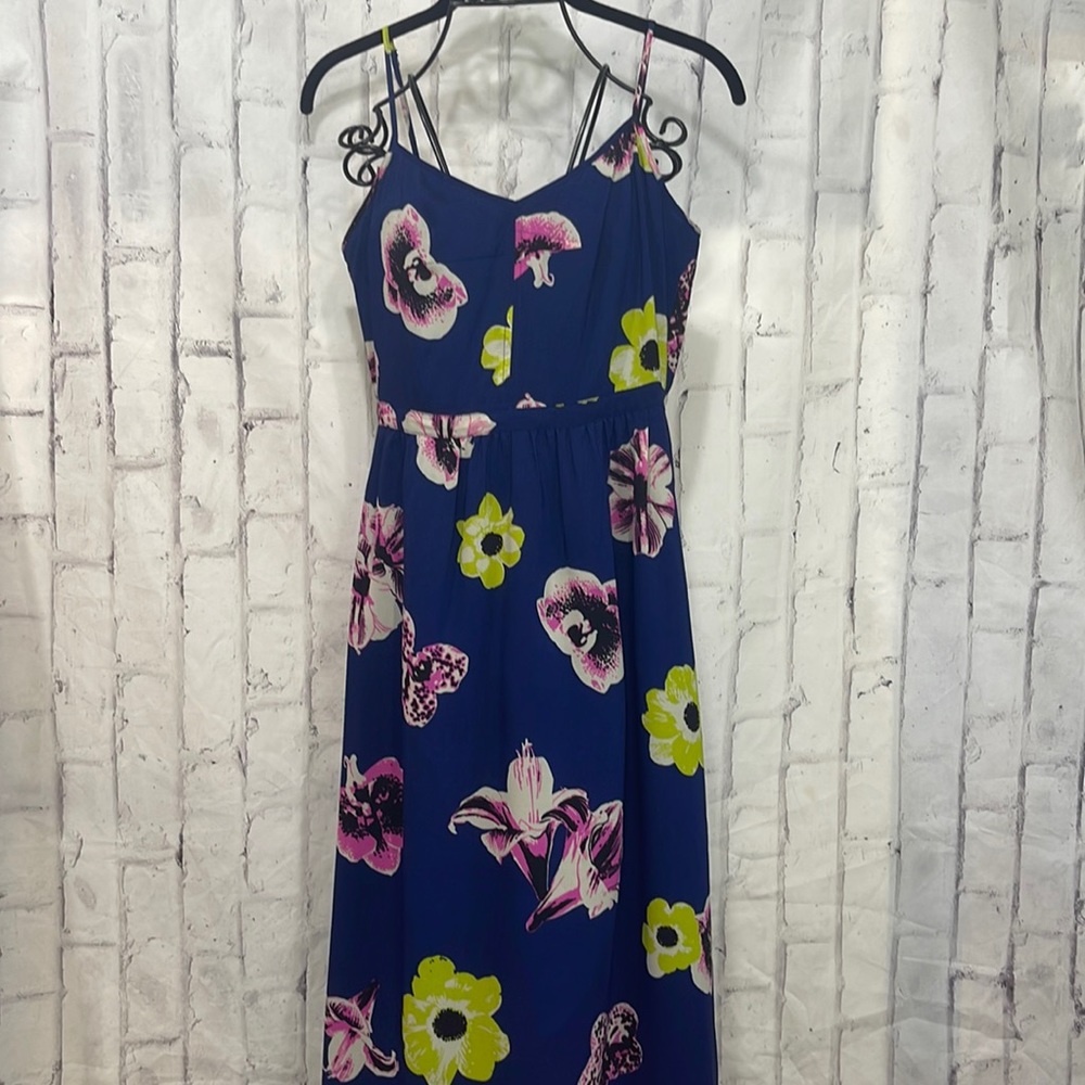 J. Crew Factory Maxi Dress Bright Tropical Floral on Blue Spaghetti Strap Lined